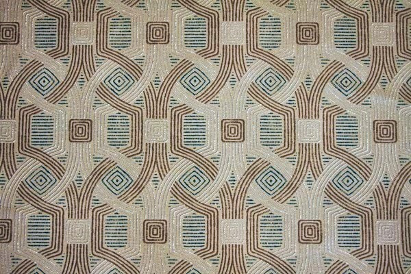 Discount Fabric DRAPERY Teal, Taupe & Dark Taupe Geometric Interlock