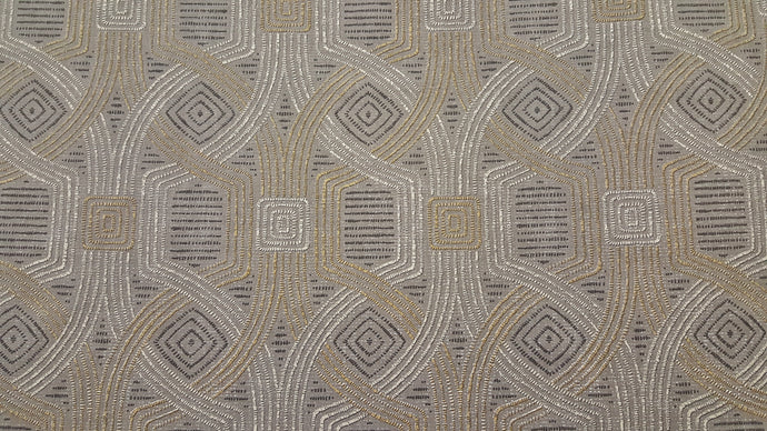 Discount Fabric DRAPERY Dark Gray, Honey & Light Taupe Interlock Geometric