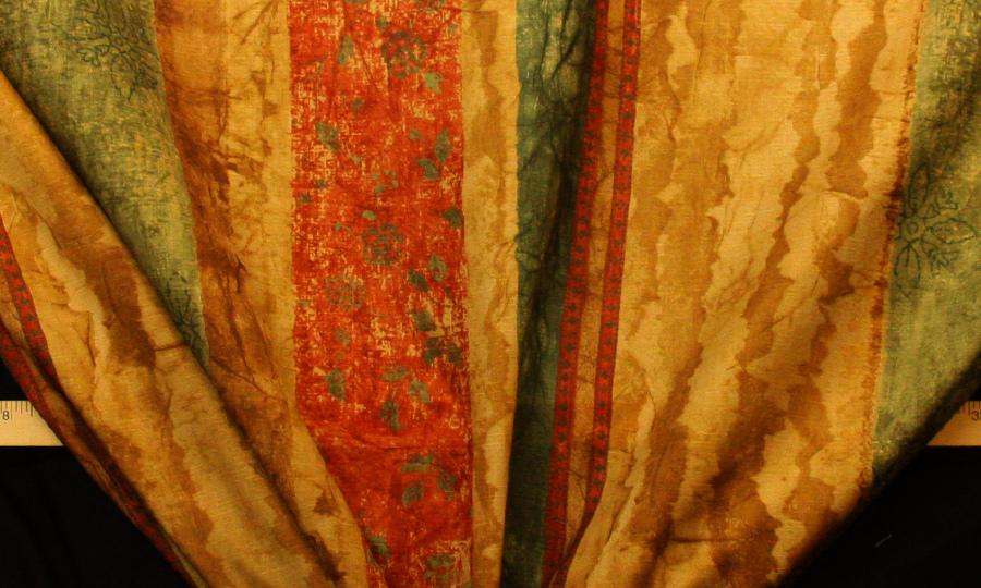 Discount Fabric DRAPERY Gold, Olive & Paprika Red Marbleized Stripe